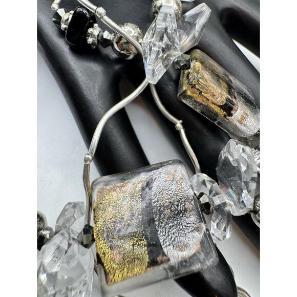 Black Silver Foil Art Glass Beaded Silver/Gold Tone And Crystal Necklace Vintage - Picture 5 of 9